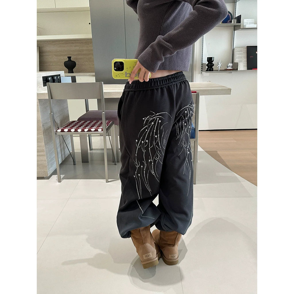 BADMUSE Wing Print Elastic Waist Wide Leg Sweatpants