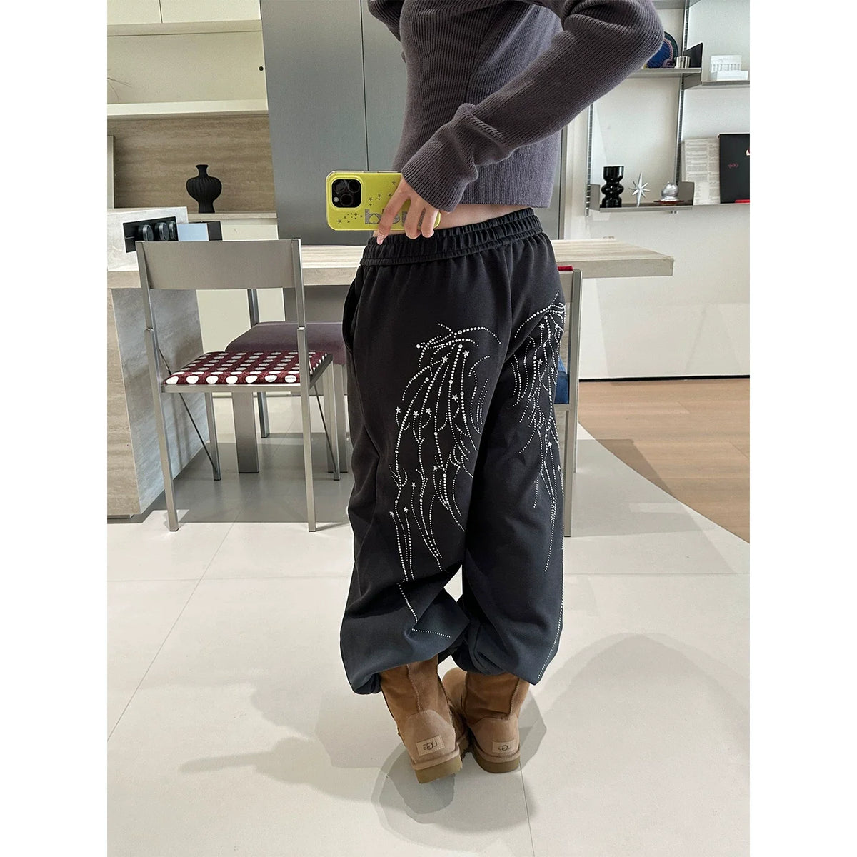BADMUSE Wing Print Elastic Waist Wide Leg Sweatpants