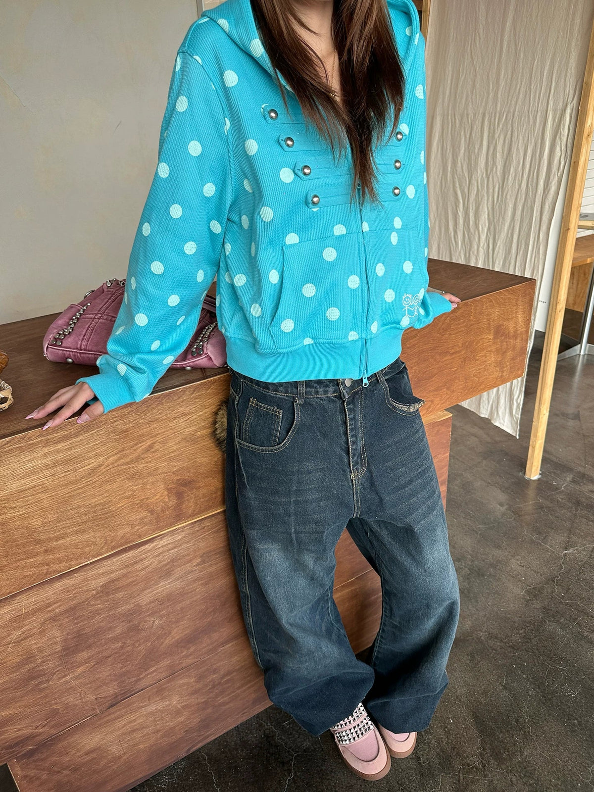 BADMUSE Polka Dot Zip Up Hoodie