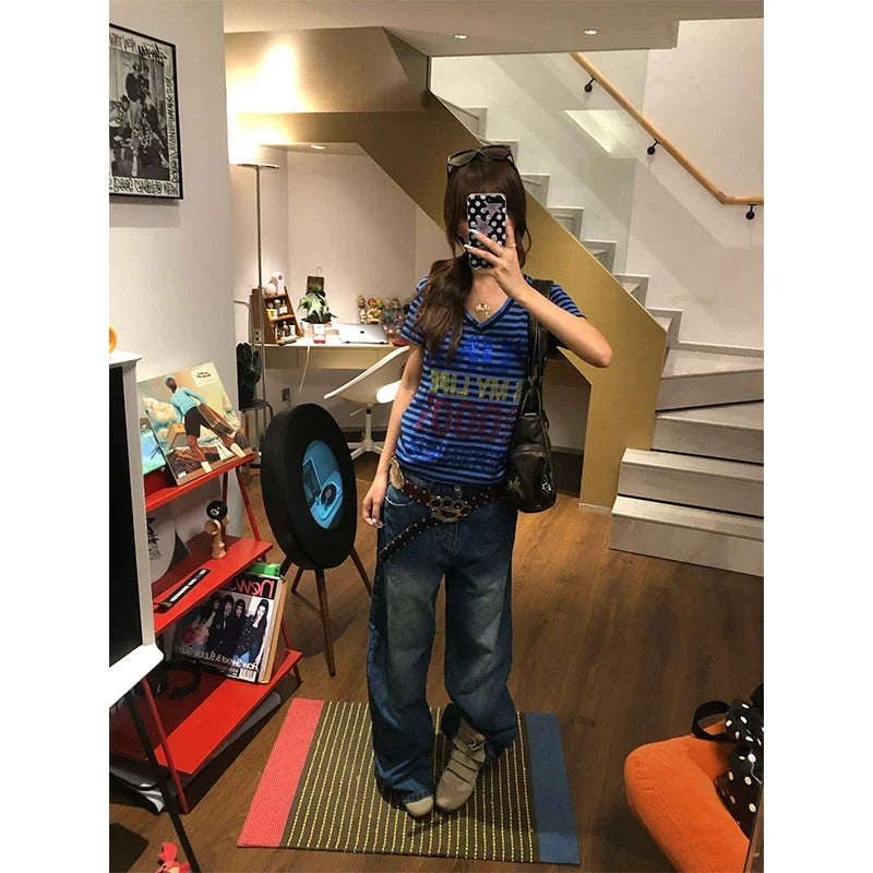 BADMUSE Patchwork Pocket Wide Leg Straight Jeans