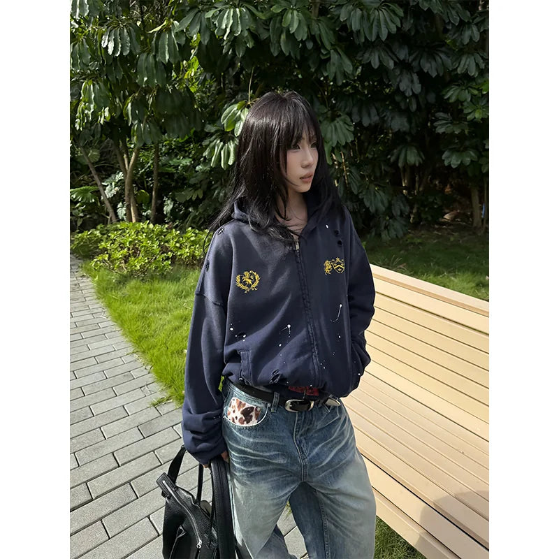 BADMUSE Washed Distressed Paint Splatter Zip-Up