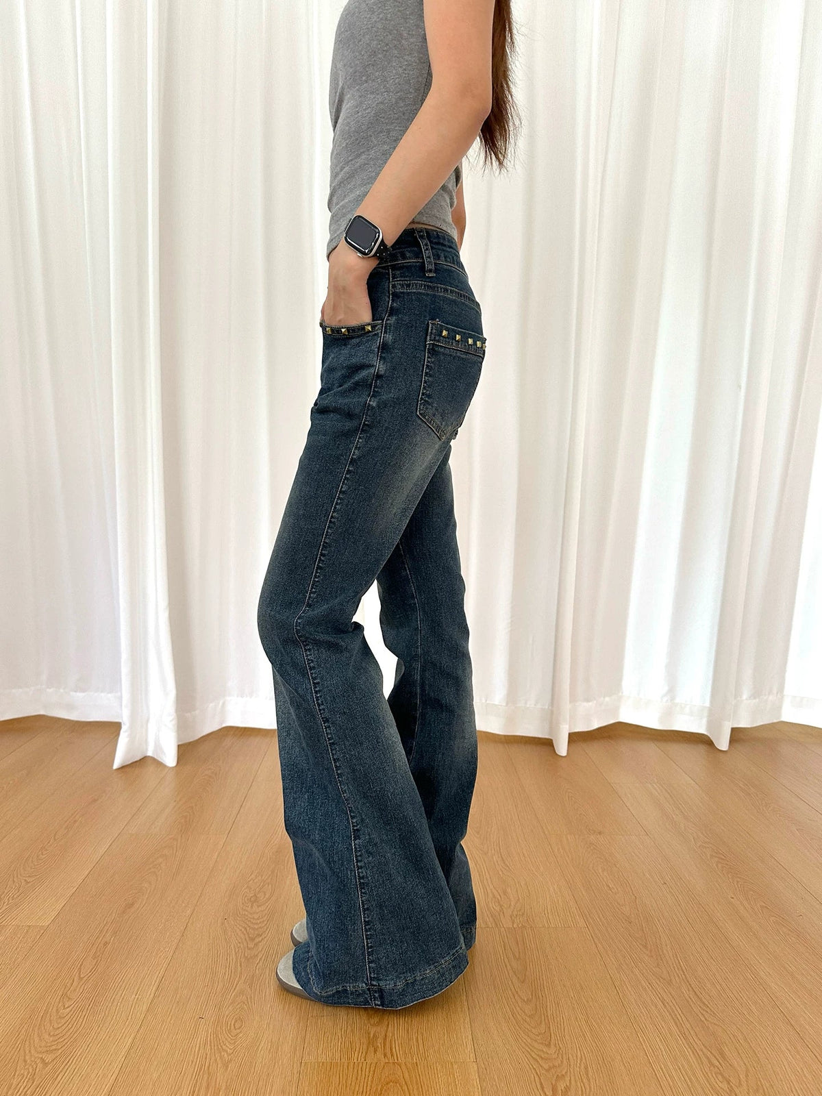 BADMUSE Retro Letter Embroidered Rivet  Flared Jeans