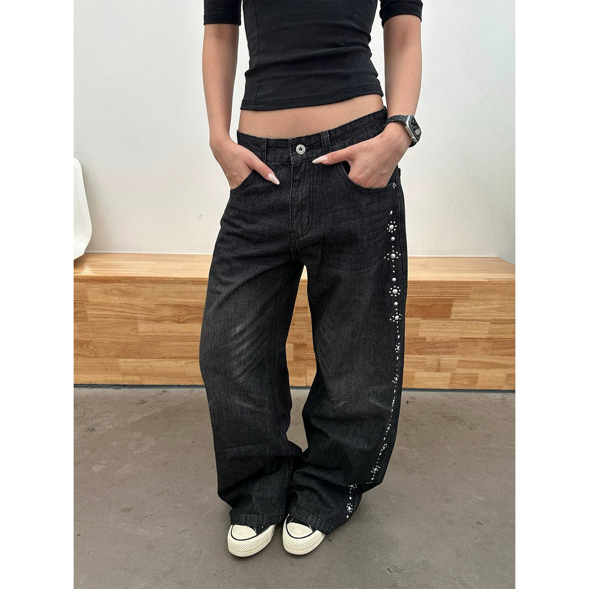 BADMUSE American Style Beaded Straight Leg Jeans