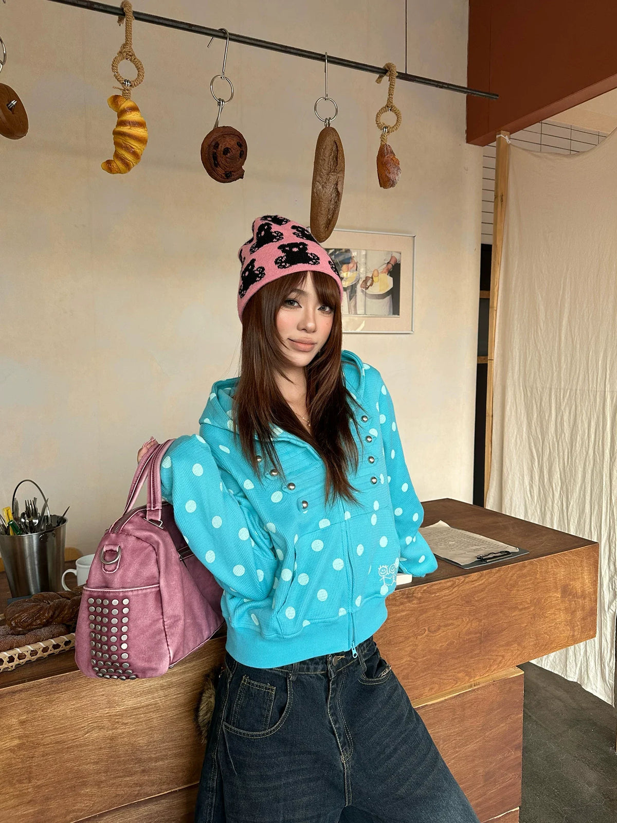 BADMUSE Polka Dot Zip Up Hoodie