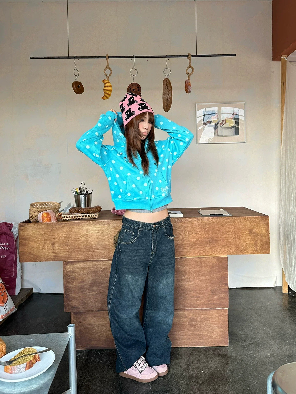 BADMUSE Polka Dot Zip Up Hoodie