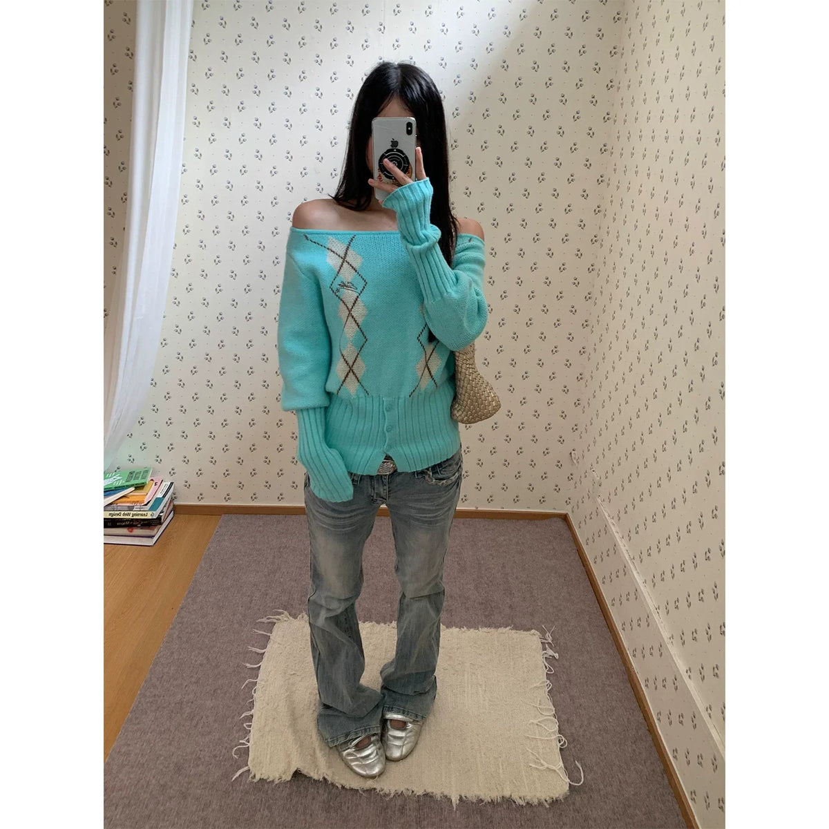 BADMUSE Asymmetric Argyle Knit Sweater