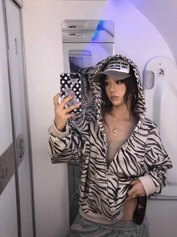 BADMUSE Zebra Print Zip Hoodie