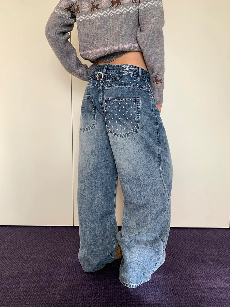 BADMUSE Star Print Washed Wide-Leg Jeans