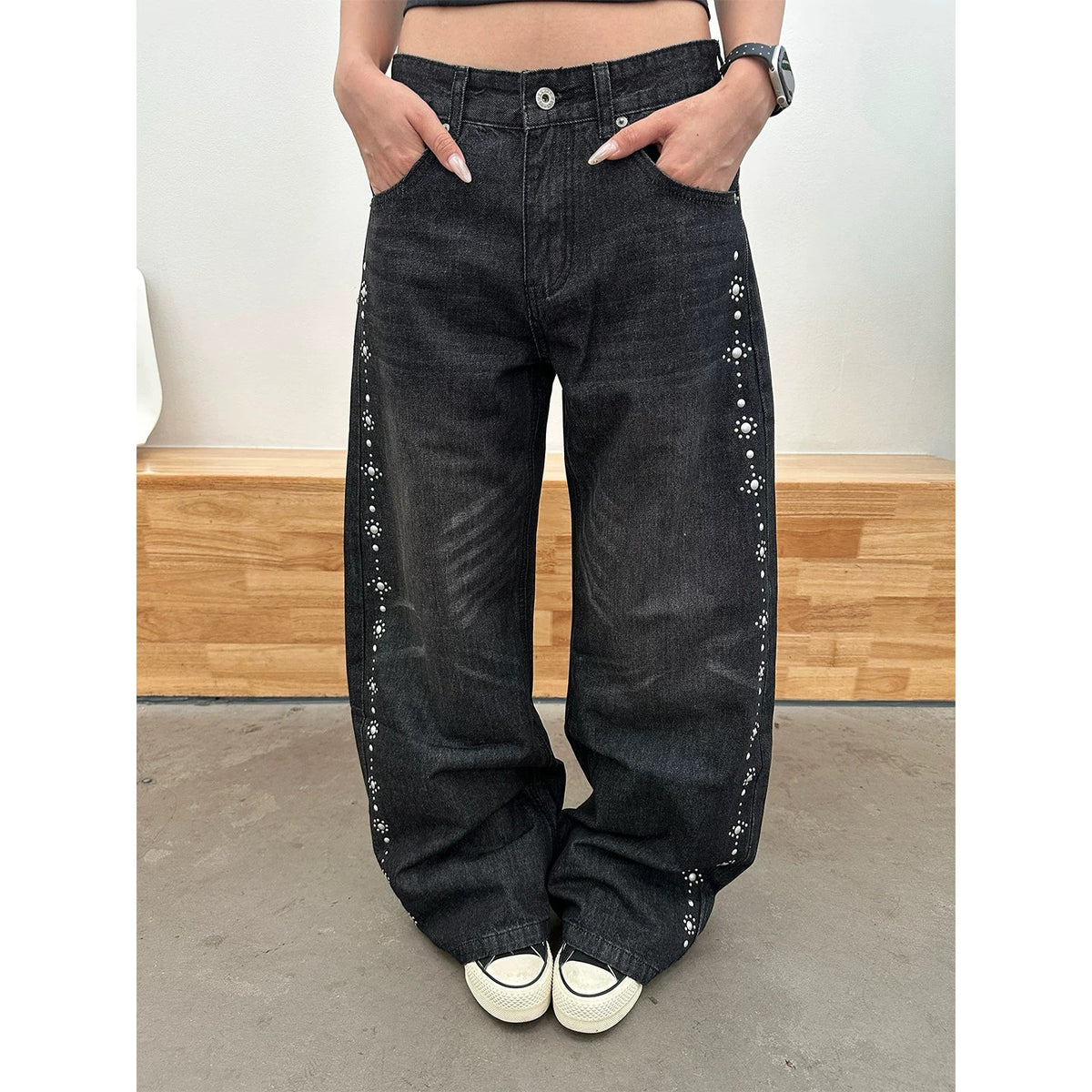 BADMUSE American Style Beaded Straight Leg Jeans