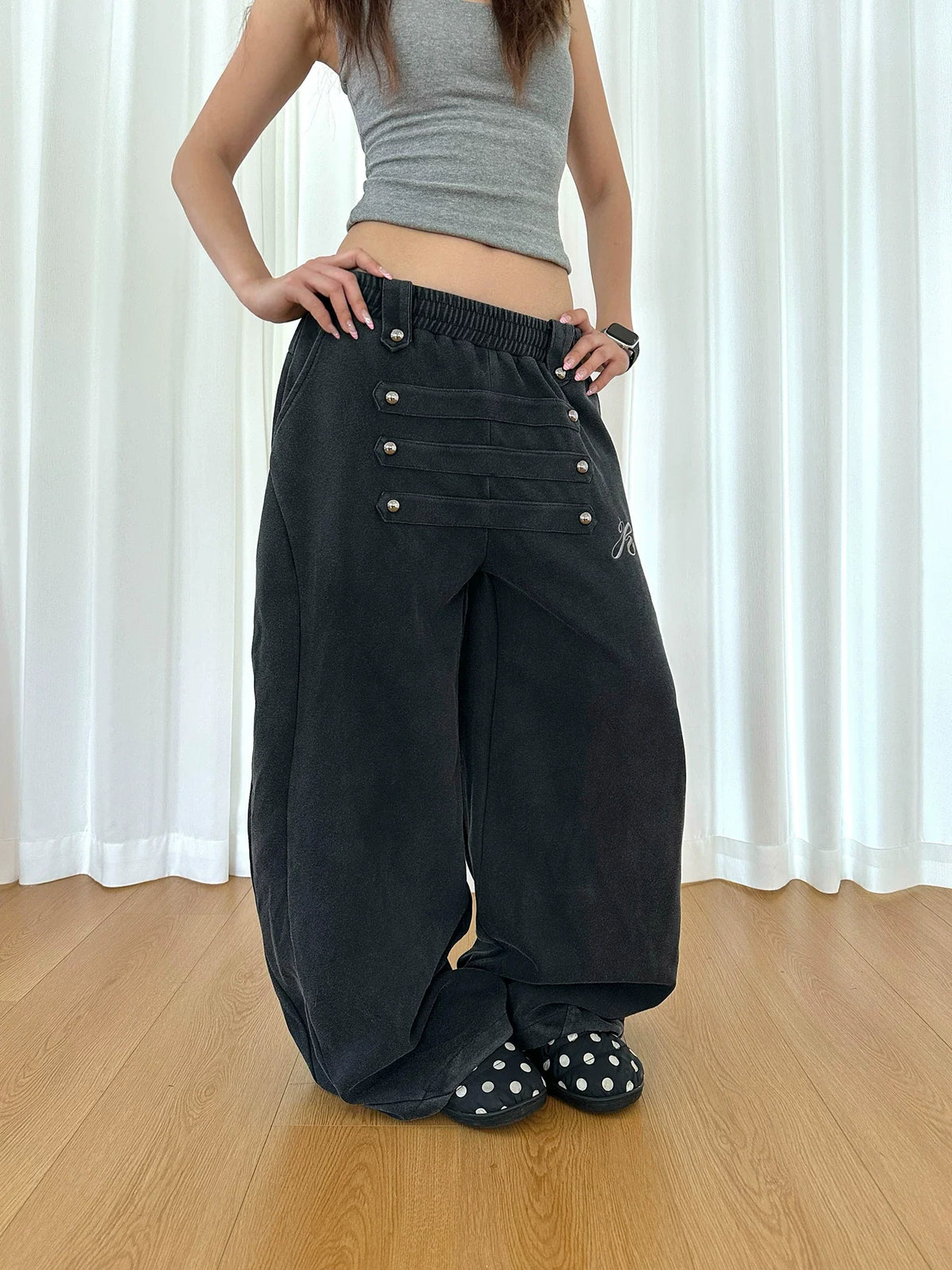 BADMUSE Beaded Curved Wide-Leg Sweatpants