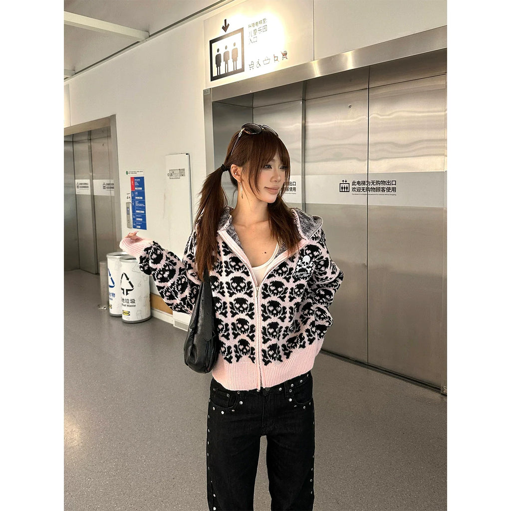 BADMUSE Skull Jacquard Hooded Knit Cardigan