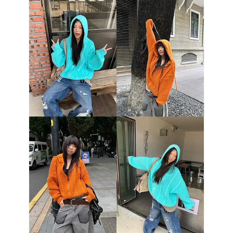 BADMUSE Cable Knit Hooded Sweater Cardigan