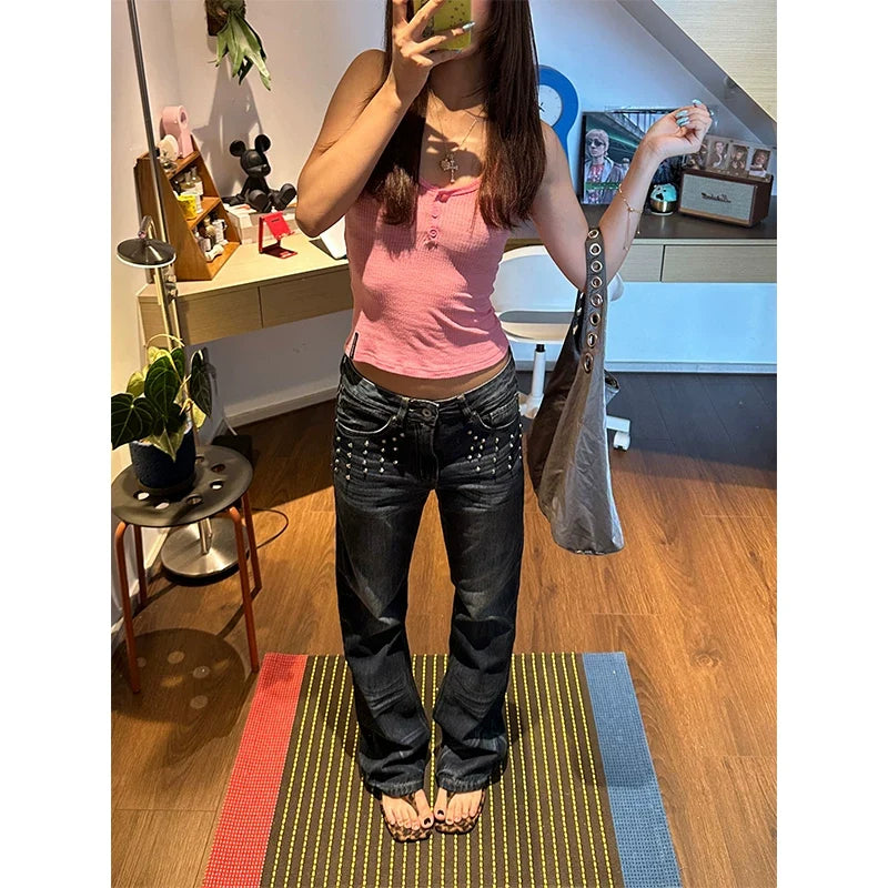 BADMUSE Rhinestone Flared Washed Women's Jeans