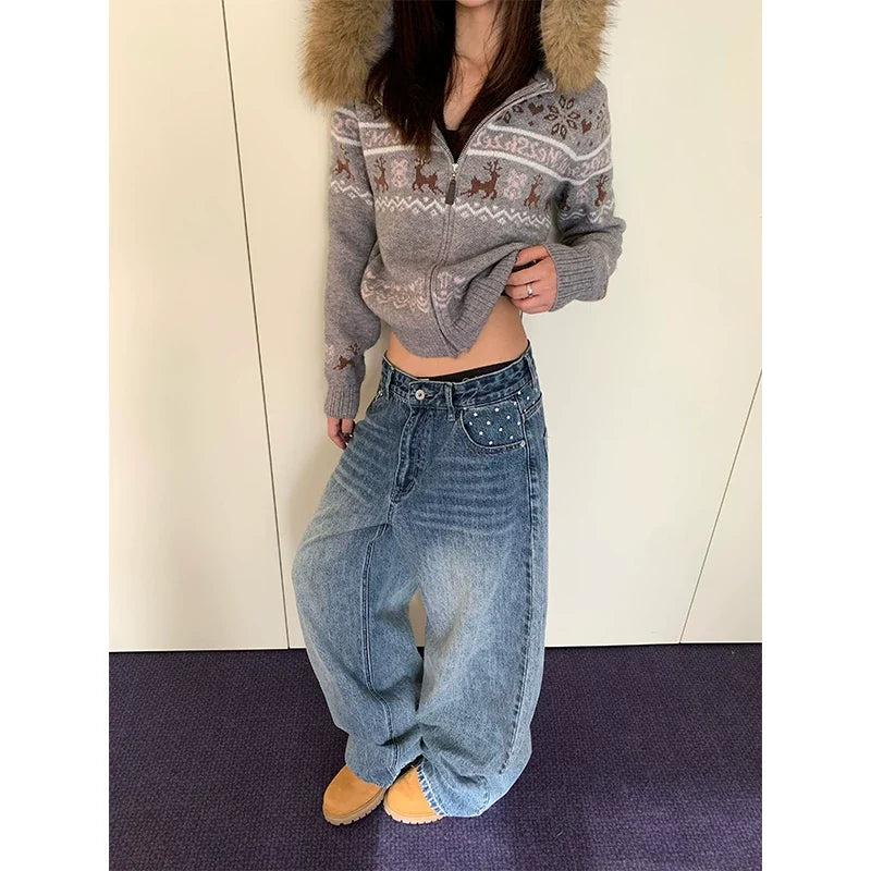 BADMUSE Star Print Washed Wide-Leg Jeans