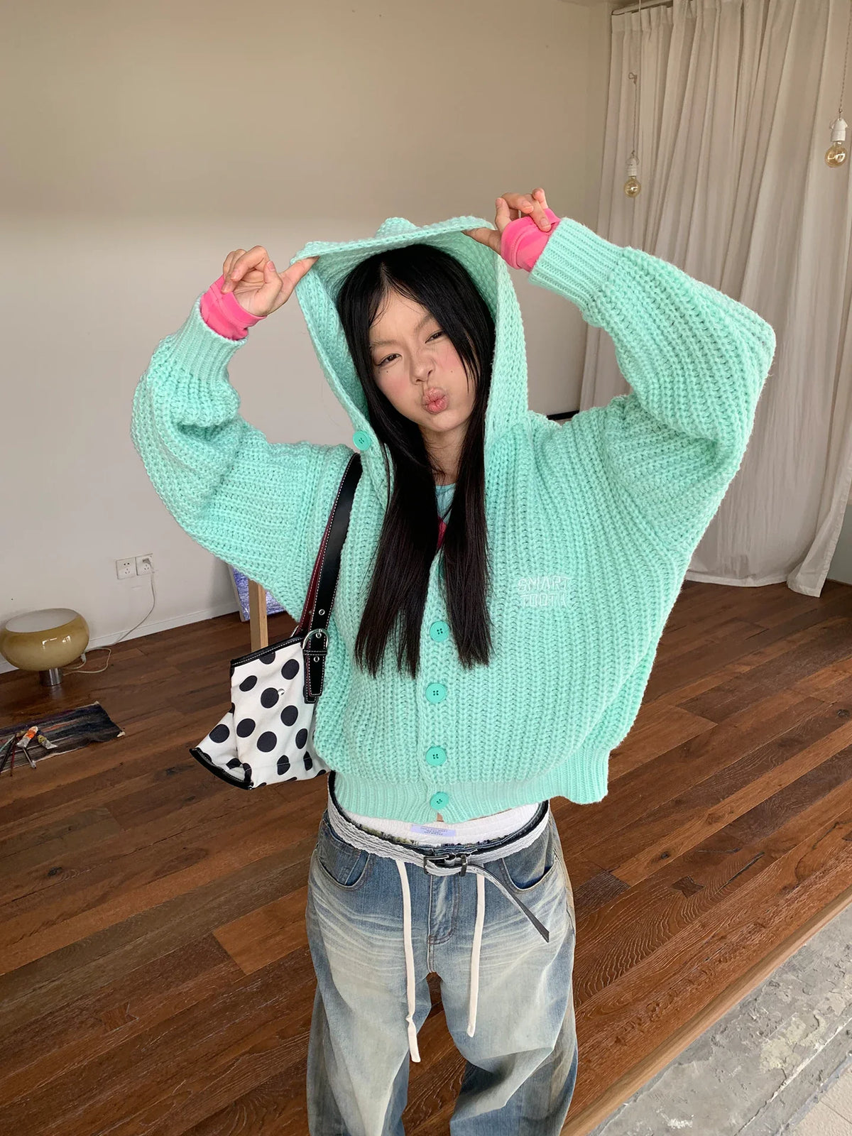 BADMUSE Button Knit Hooded Cardigan