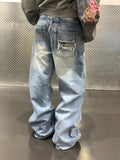 BADMUSE Washed Cross Studded Wide Leg Jeans