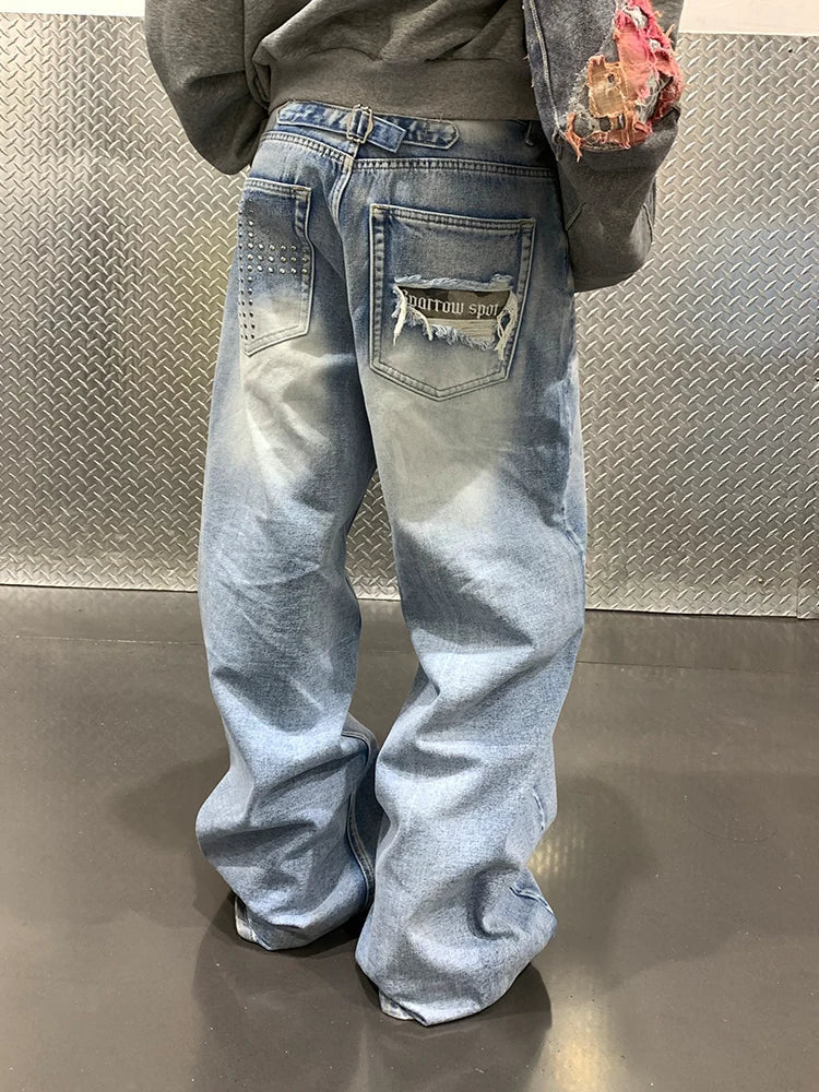 BADMUSE Washed Cross Studded Wide Leg Jeans