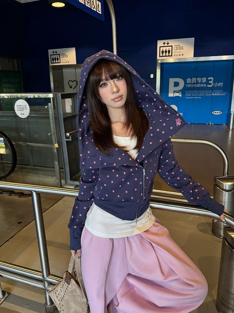 BADMUSE Star Print Hooded Zip Up Sweatshirt
