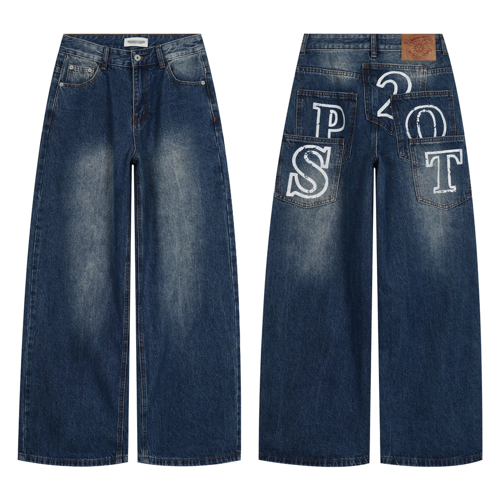 BADMUSE Patchwork Pocket Wide Leg Straight Jeans