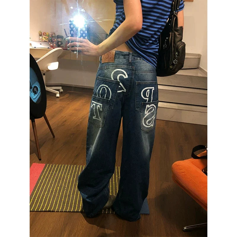 BADMUSE Patchwork Pocket Wide Leg Straight Jeans