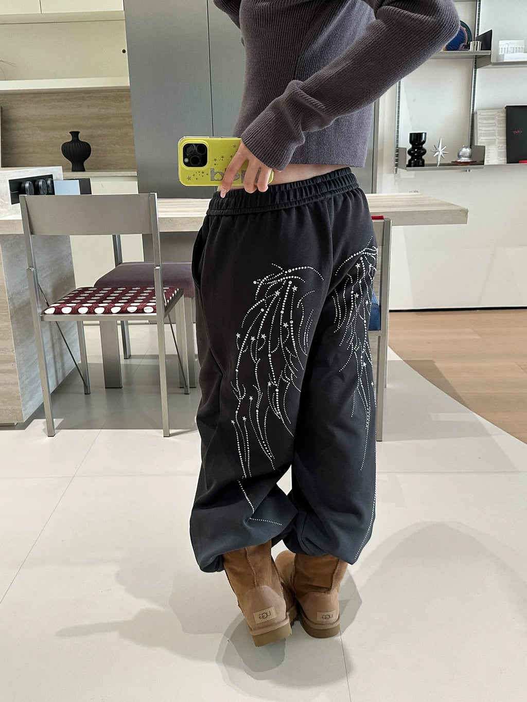 BADMUSE Wing Print Elastic Waist Wide Leg Sweatpants
