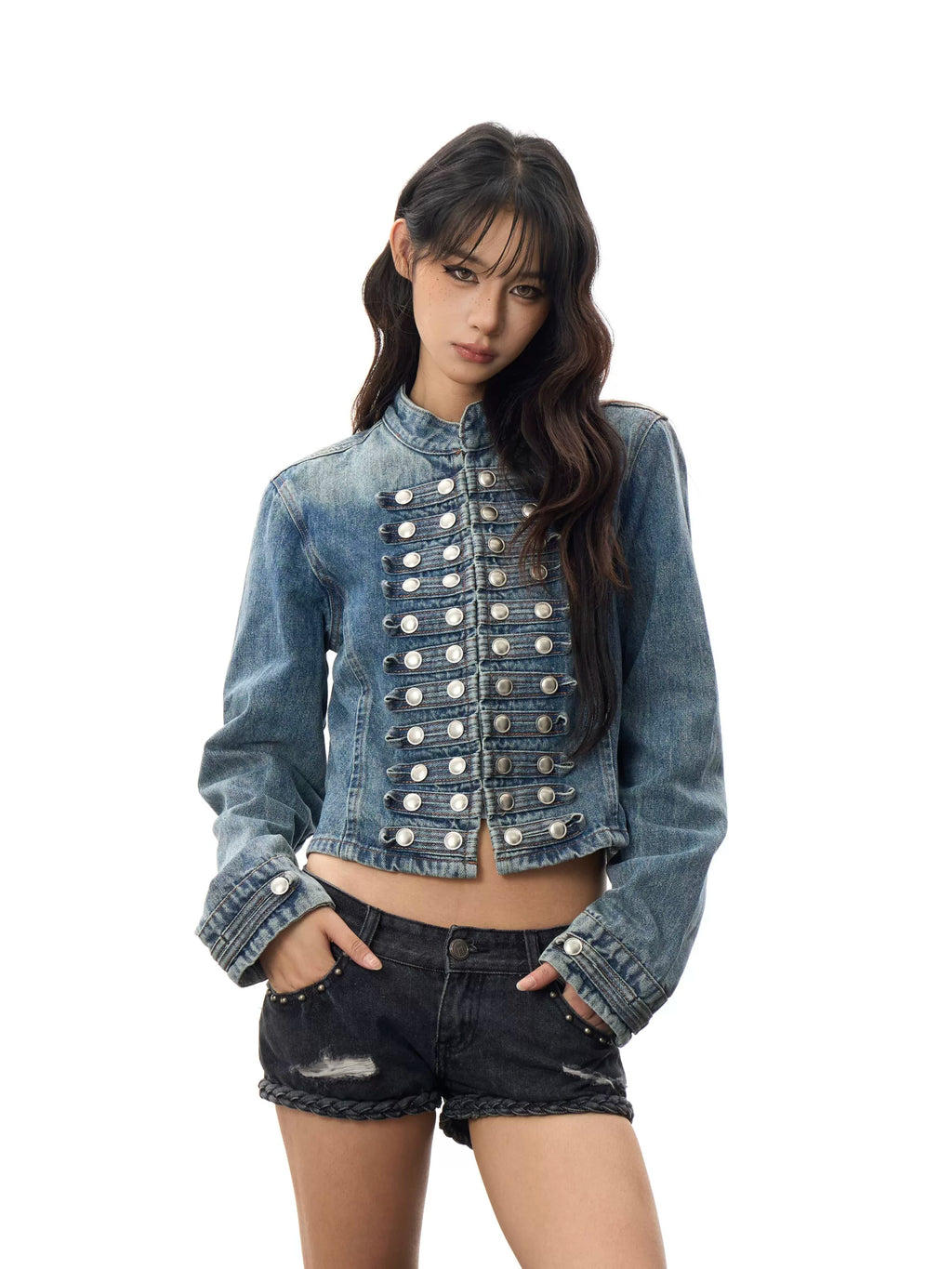 BADMUSE Double Breasted Cropped Denim Jacket