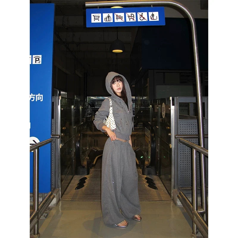 BADMUSE Studded Hooded Cardigan Sweatshirt Set