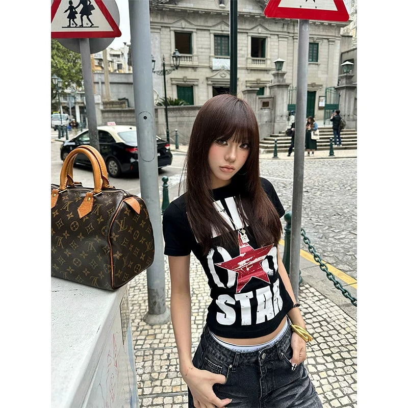 BADMUSE Star Letter Print Women's Short Sleeve T-Shirt