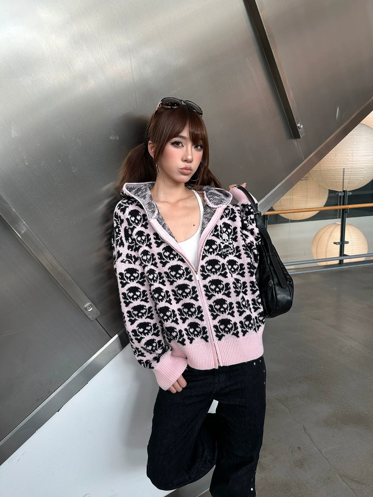 BADMUSE Skull Jacquard Hooded Knit Cardigan