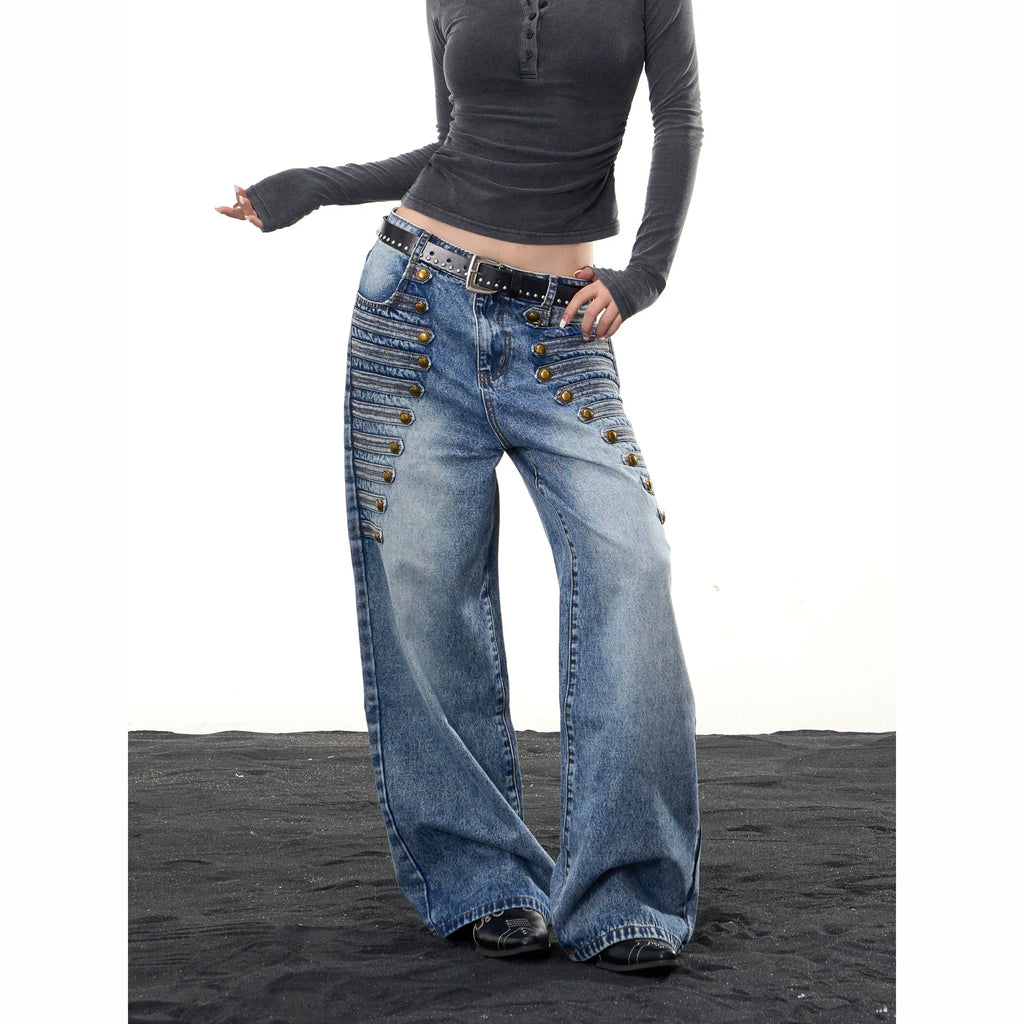 BADMUSE Multi-Button Low Waist Wide Leg Jeans