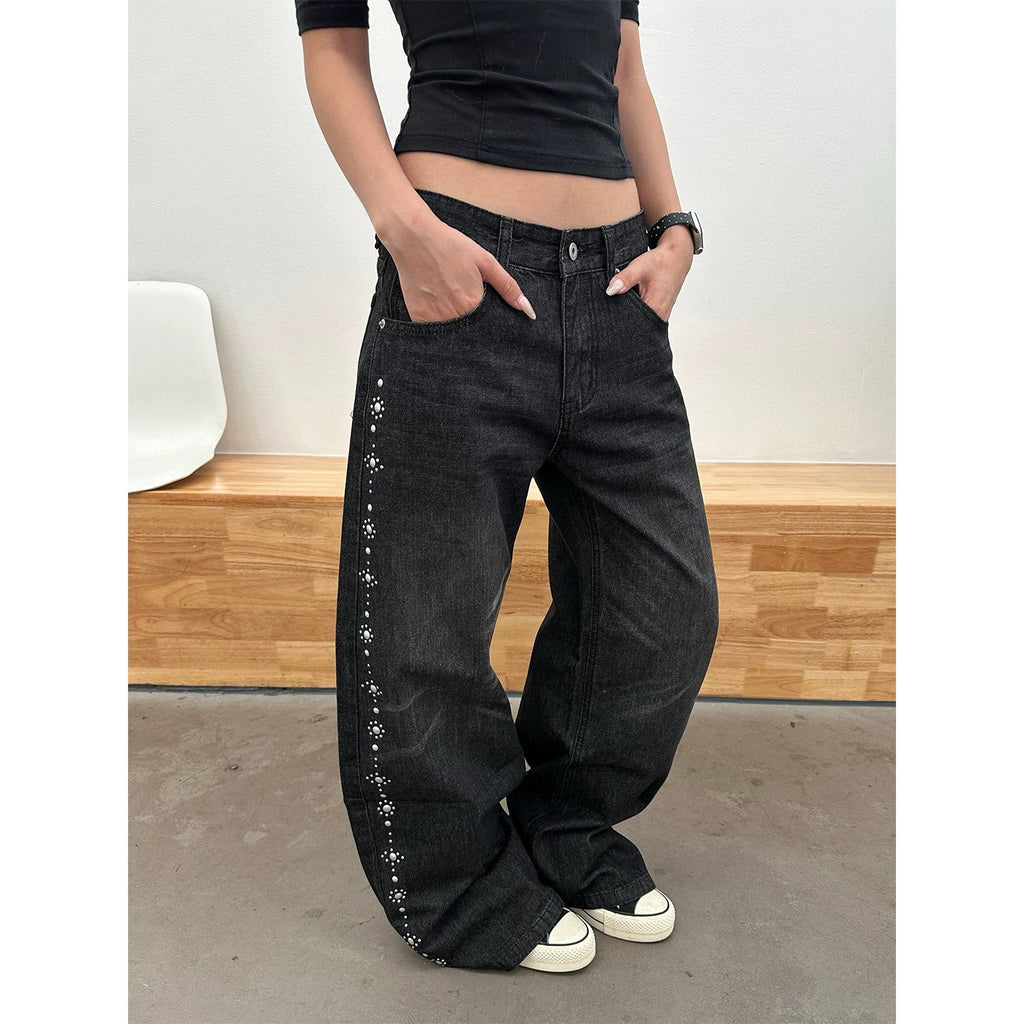 BADMUSE American Style Beaded Straight Leg Jeans