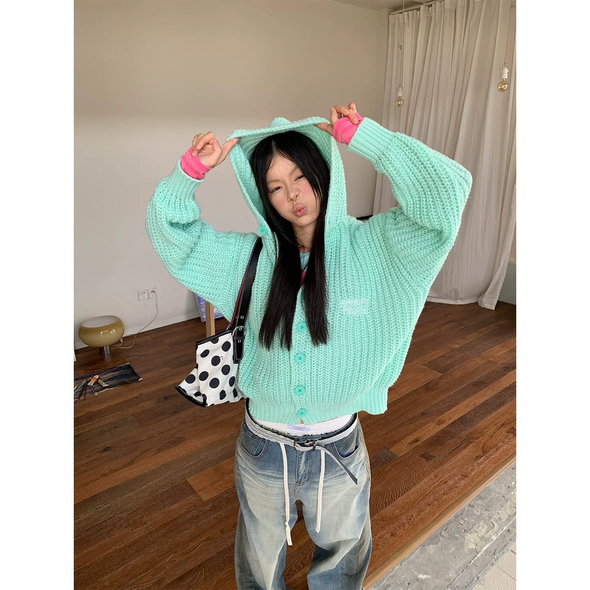 BADMUSE Button Knit Hooded Cardigan