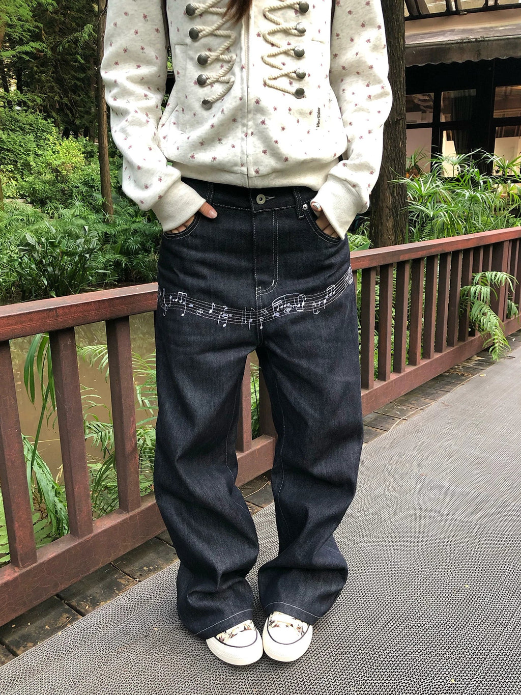 BADMUSE Musical Note Print Loose Straight Jeans