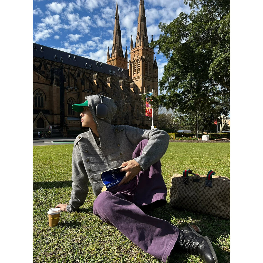 BADMUSE Napoleon Button Hooded Knit Cardigan Sweater