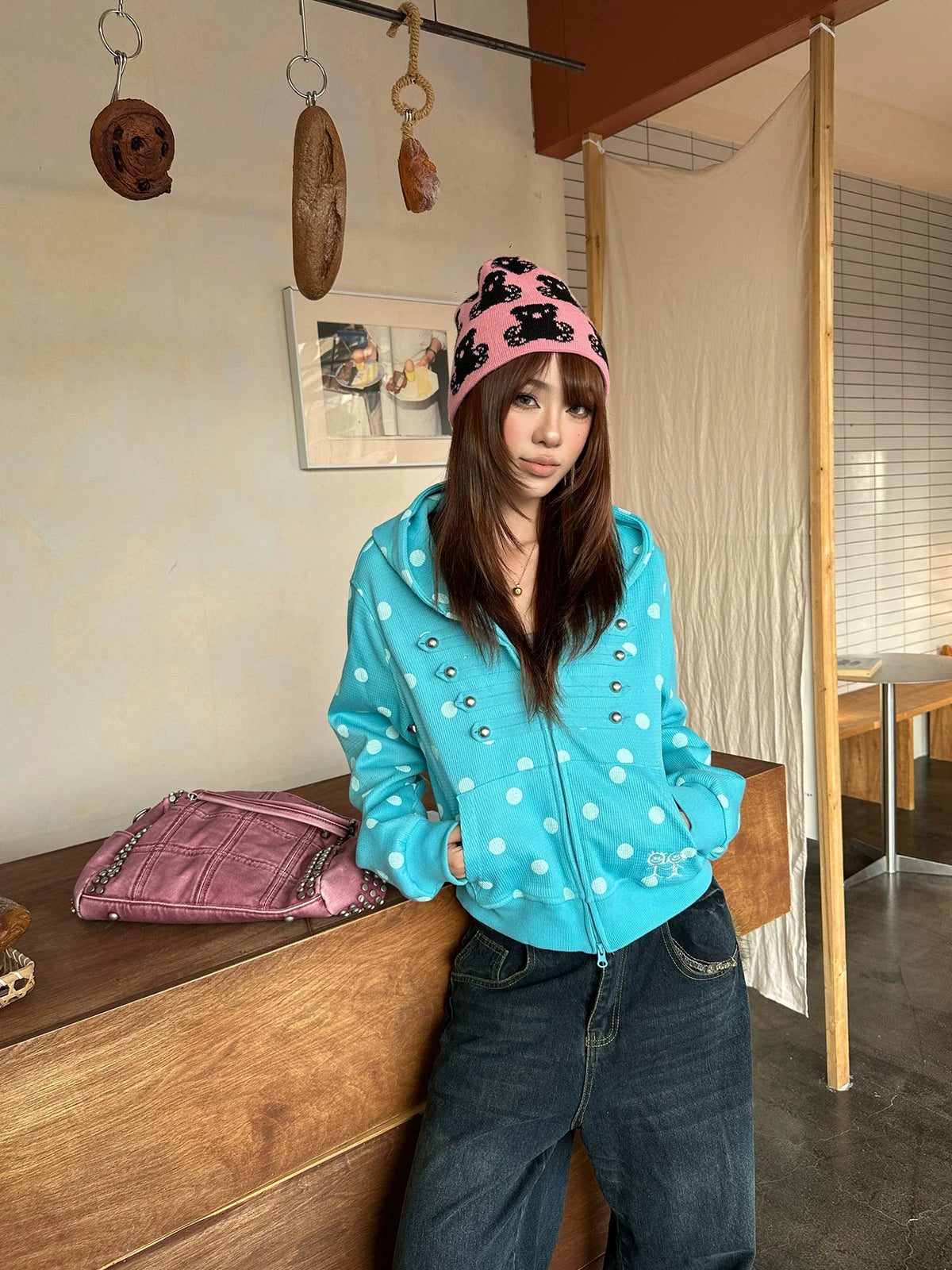 BADMUSE Polka Dot Zip Up Hoodie