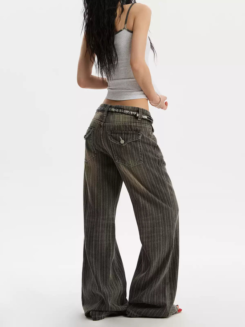 Retro Washed Vertical Stripes Distressed Jeans