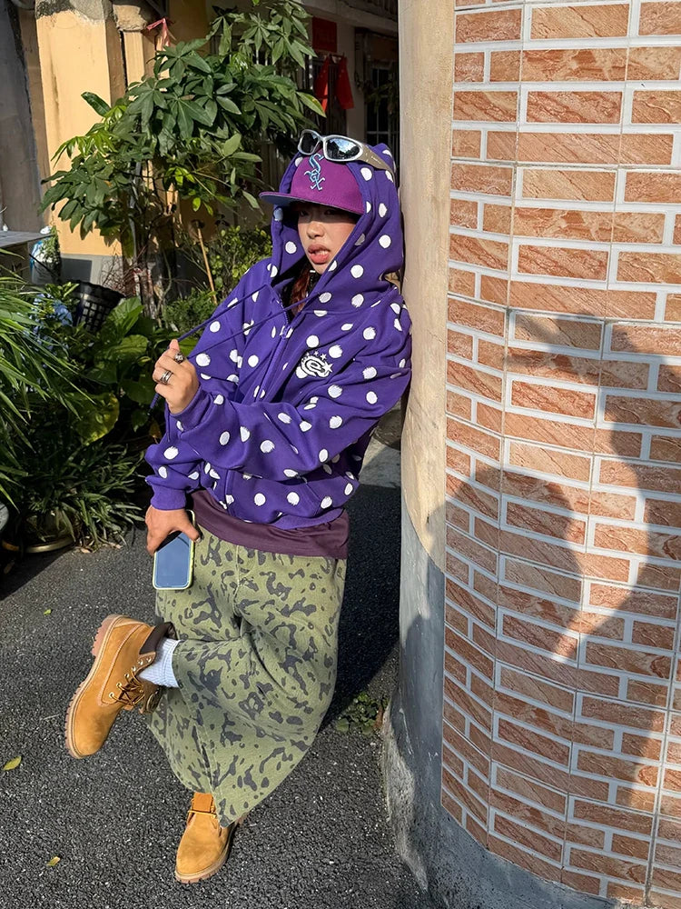 BADMUSE American Style Polka Dot Full Print Zip Up Hooded Sweatshirt