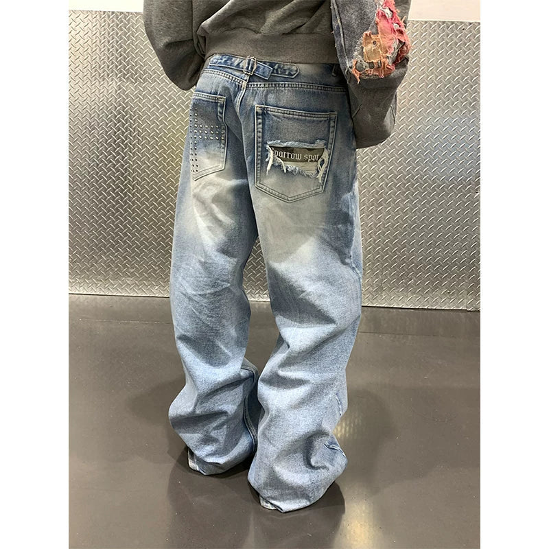 BADMUSE Washed Cross Studded Wide Leg Jeans