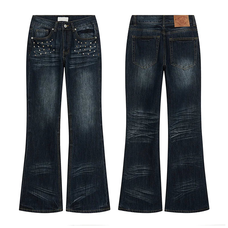 BADMUSE Rhinestone Flared Washed Women's Jeans