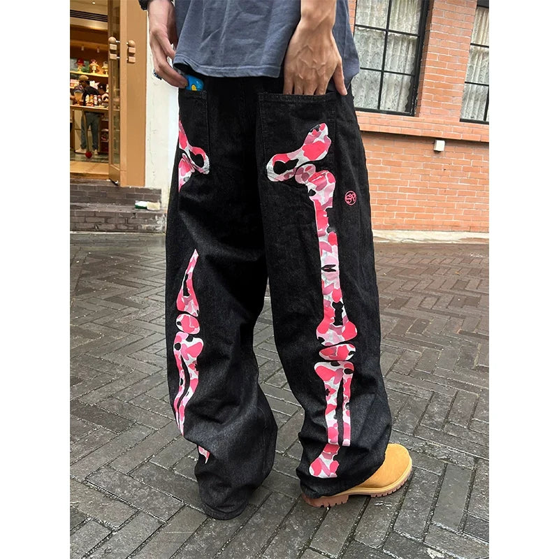 BADMUSE Skeleton Print Wide-Leg Raw Denim