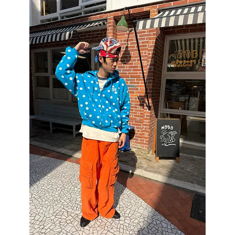 BADMUSE American Style Polka Dot Full Print Zip Up Hooded Sweatshirt