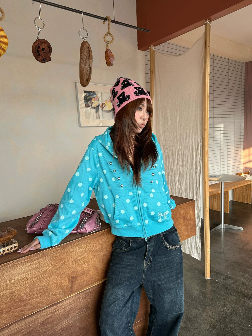 BADMUSE Polka Dot Zip Up Hoodie