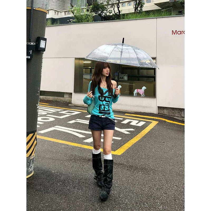 BADMUSE  U-Neck Letter Print Long Sleeve