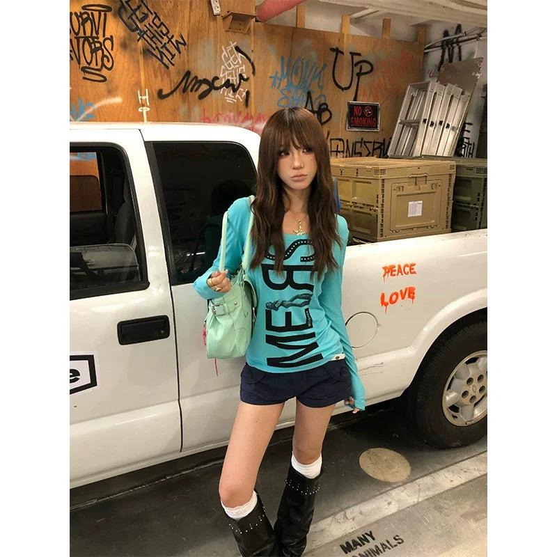 BADMUSE U-Neck Letter Print Long-Sleeve Tee