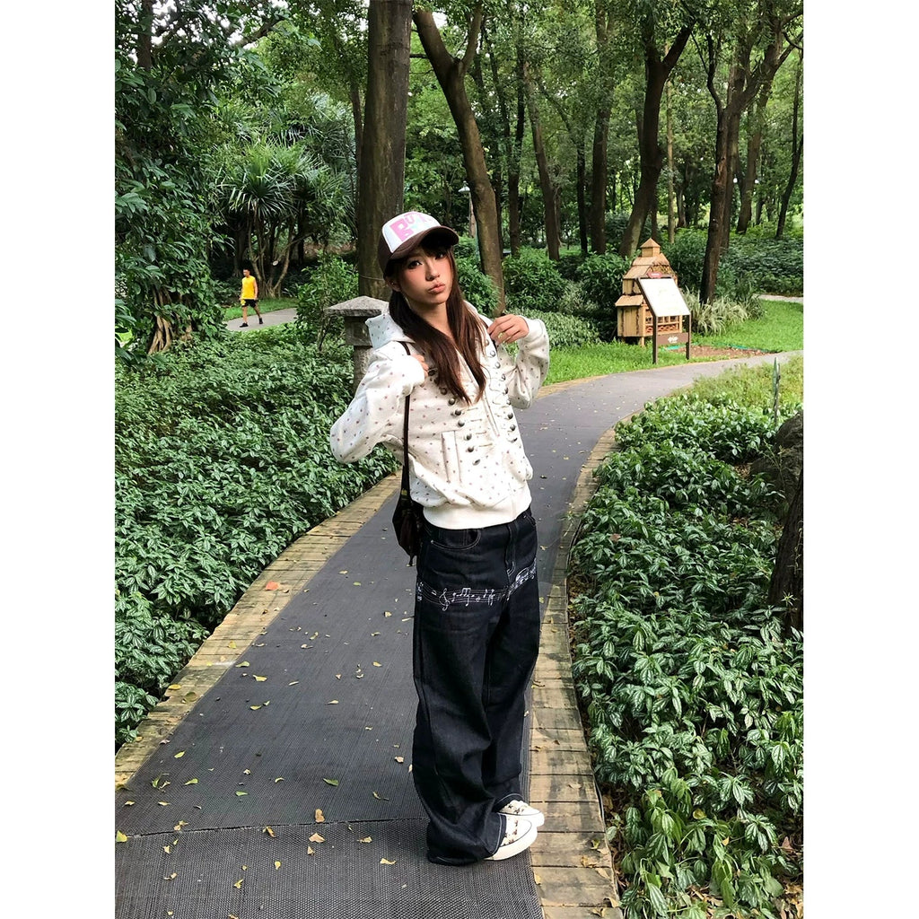 BADMUSE Musical Note Print Loose Straight Jeans