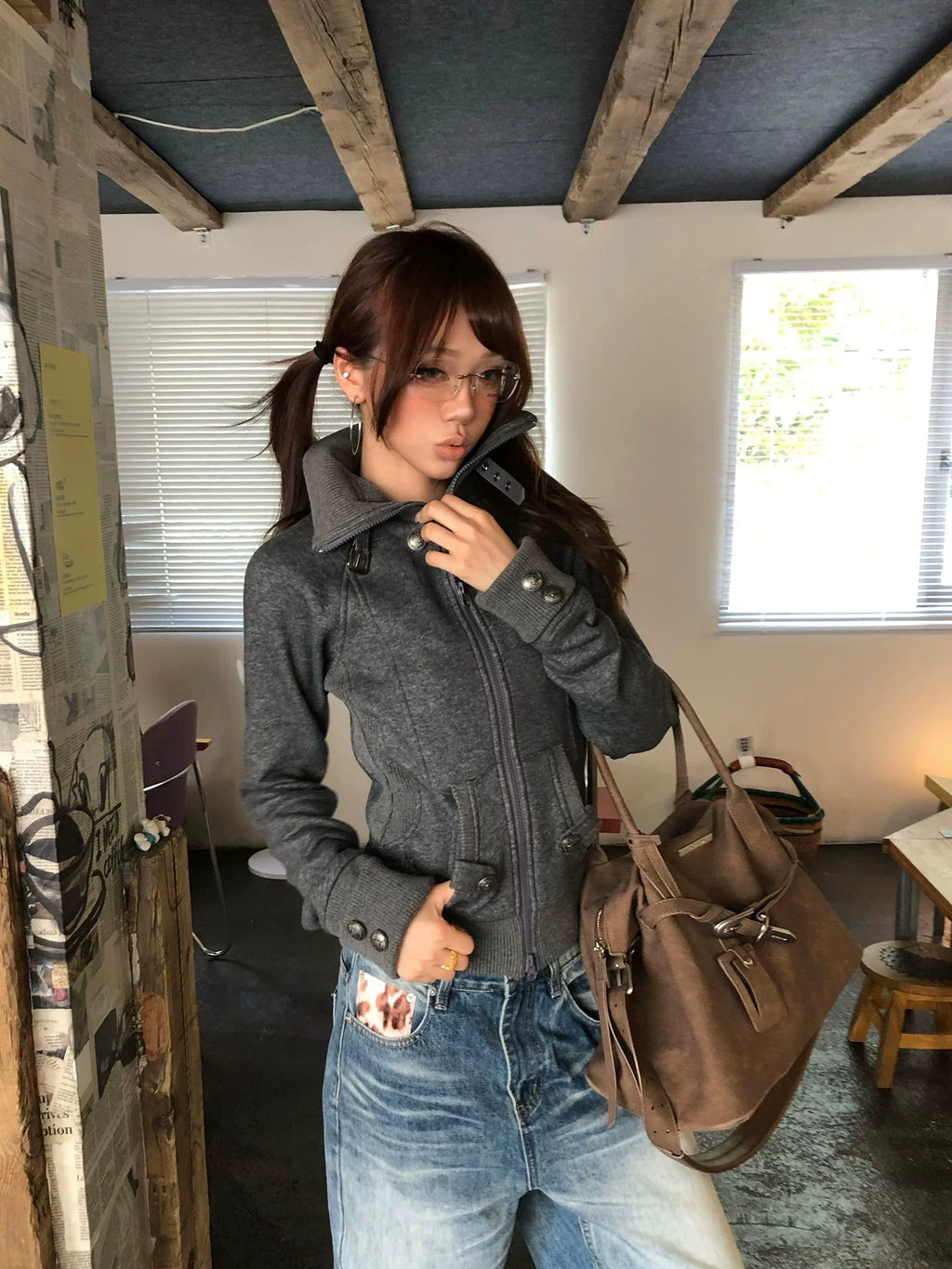 BADMUSE Casual Lapel Zip-Up Cardigan Sweatshirt