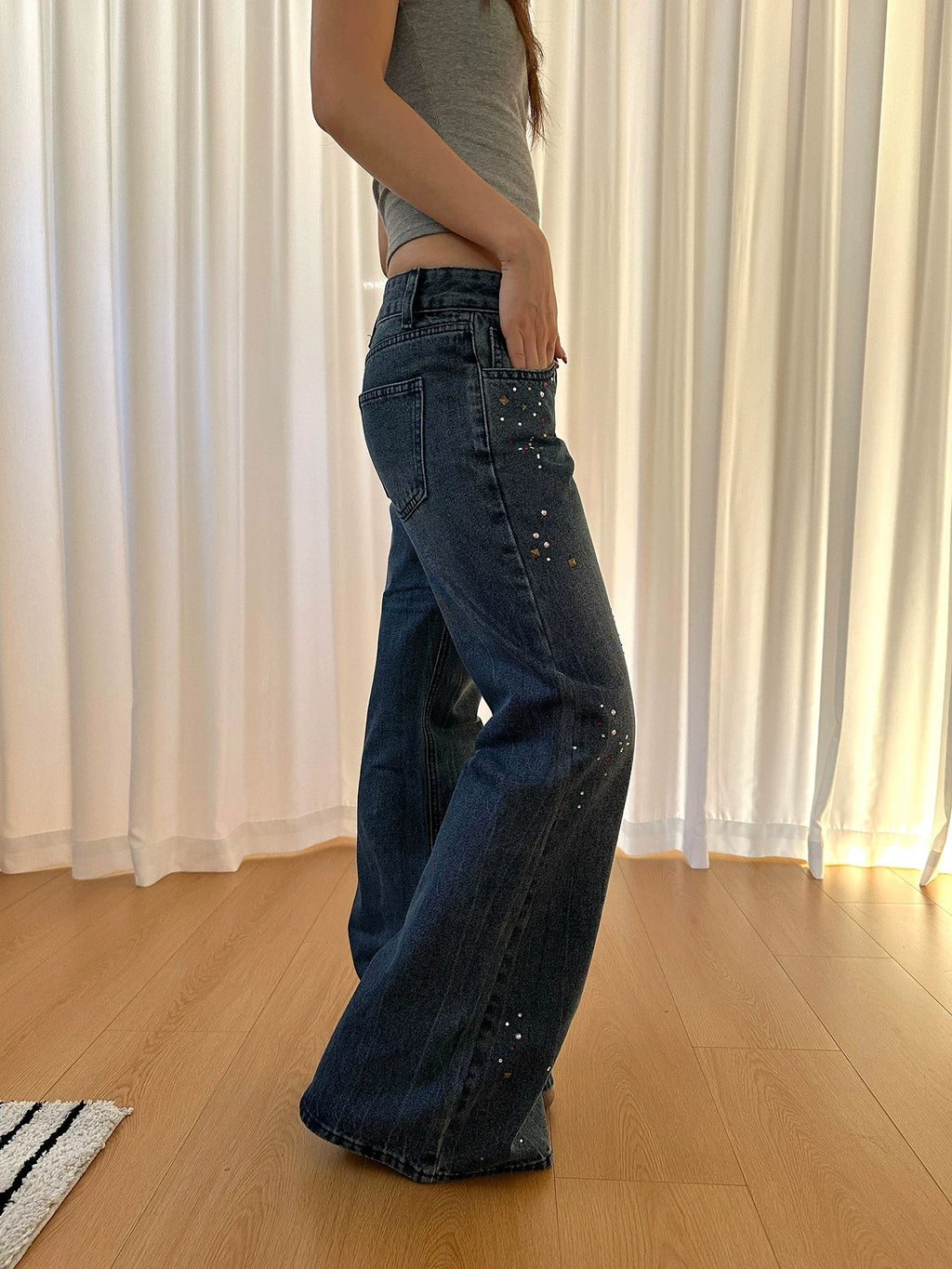 BADMUSE Vintage Rivet Rhinestone Flared Jeans