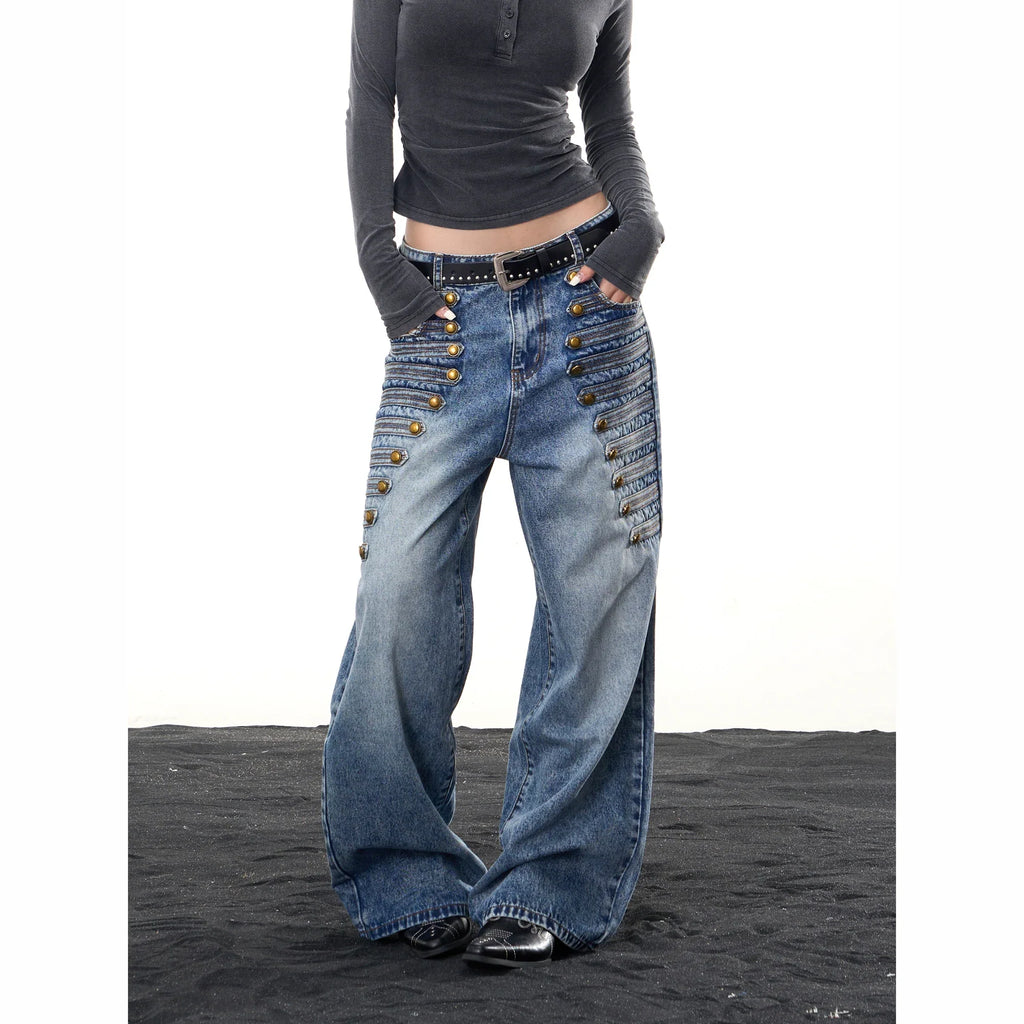 BADMUSE Multi-Button Low Waist Wide Leg Jeans