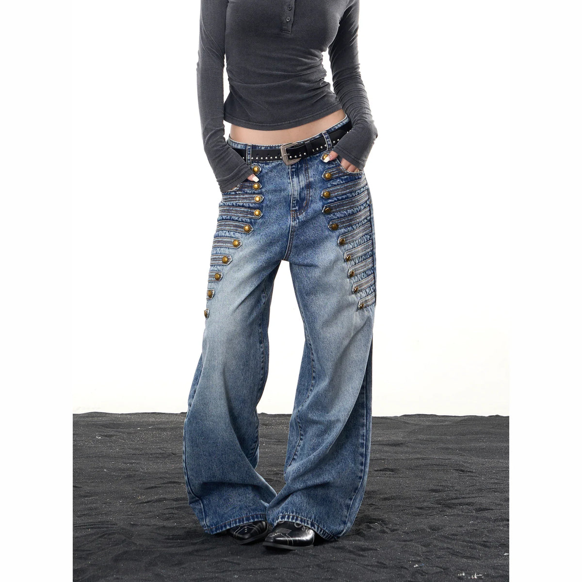 BADMUSE Multi-Button Low Waist Wide Leg Jeans