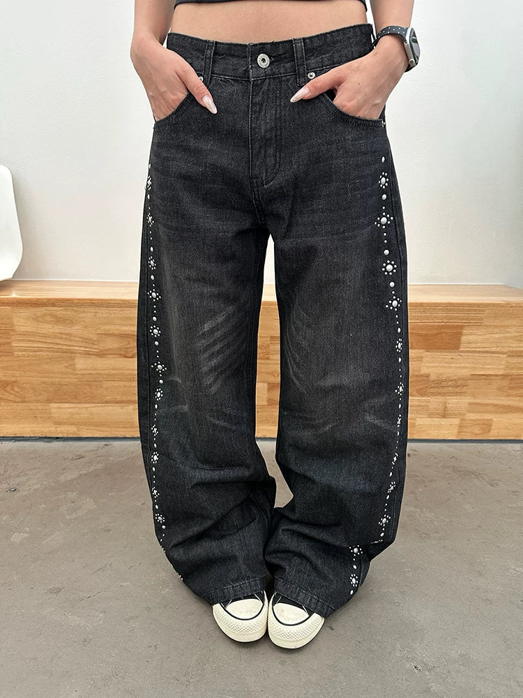 BADMUSE American Style Beaded Straight Leg Jeans